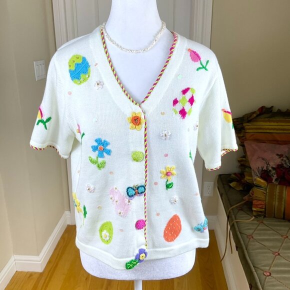 Vintage Sweater Short Sleeve Embroidery Beaded White Pastel Floral Butterfly (S) - Picture 1 of 6